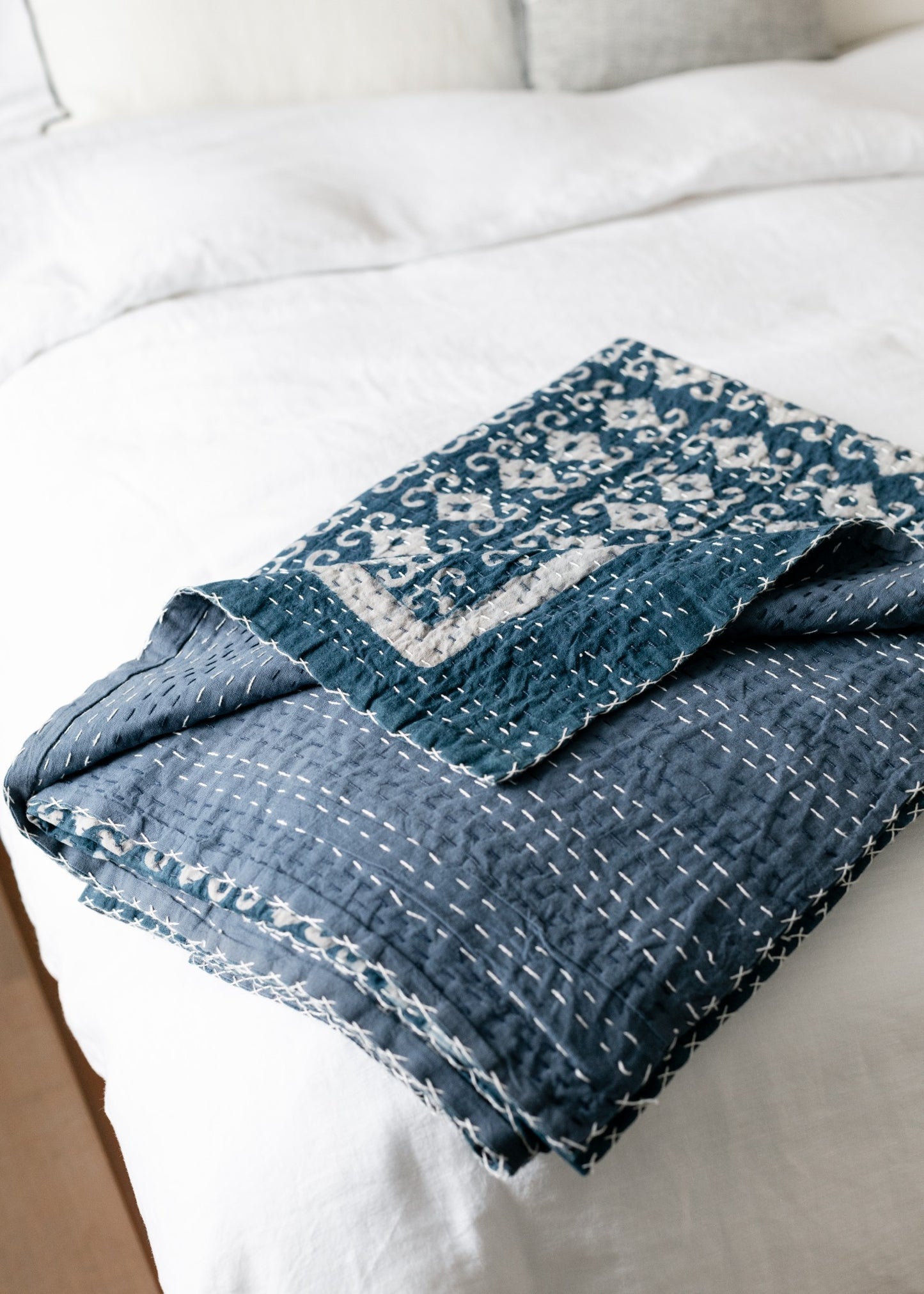 Indigo Kantha Bedspread | Handcrafted Artisanal Mastery