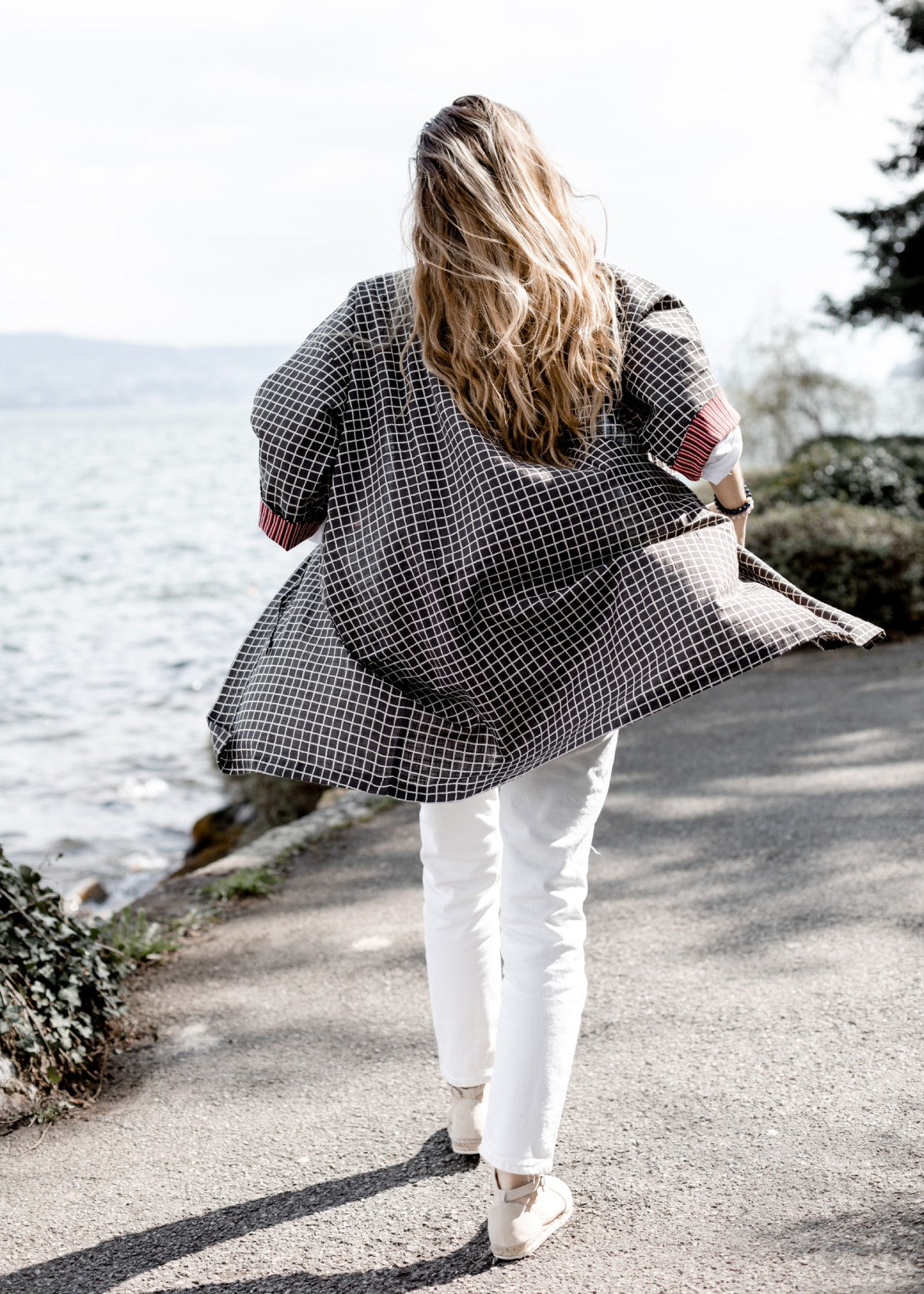 Black Dimension Linen Robe - Hand Printed with Red Contrast
